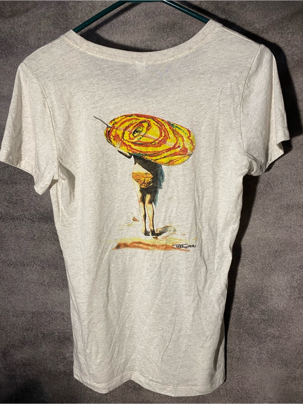 Art By Todd Fischer PNW Surf Graphic T-Shirt Womens L Oatmeal